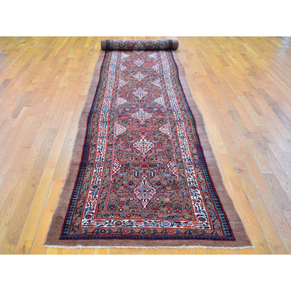 Antique Wool Hand Knotted Rug Brown Not Border 3.6X17.4 -O066593