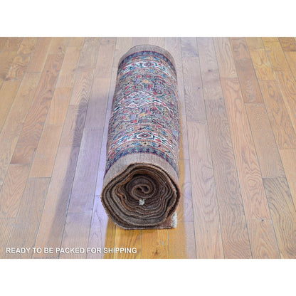 Antique Wool Hand Knotted Rug Brown Not Border 3.6X17.4 -O066593