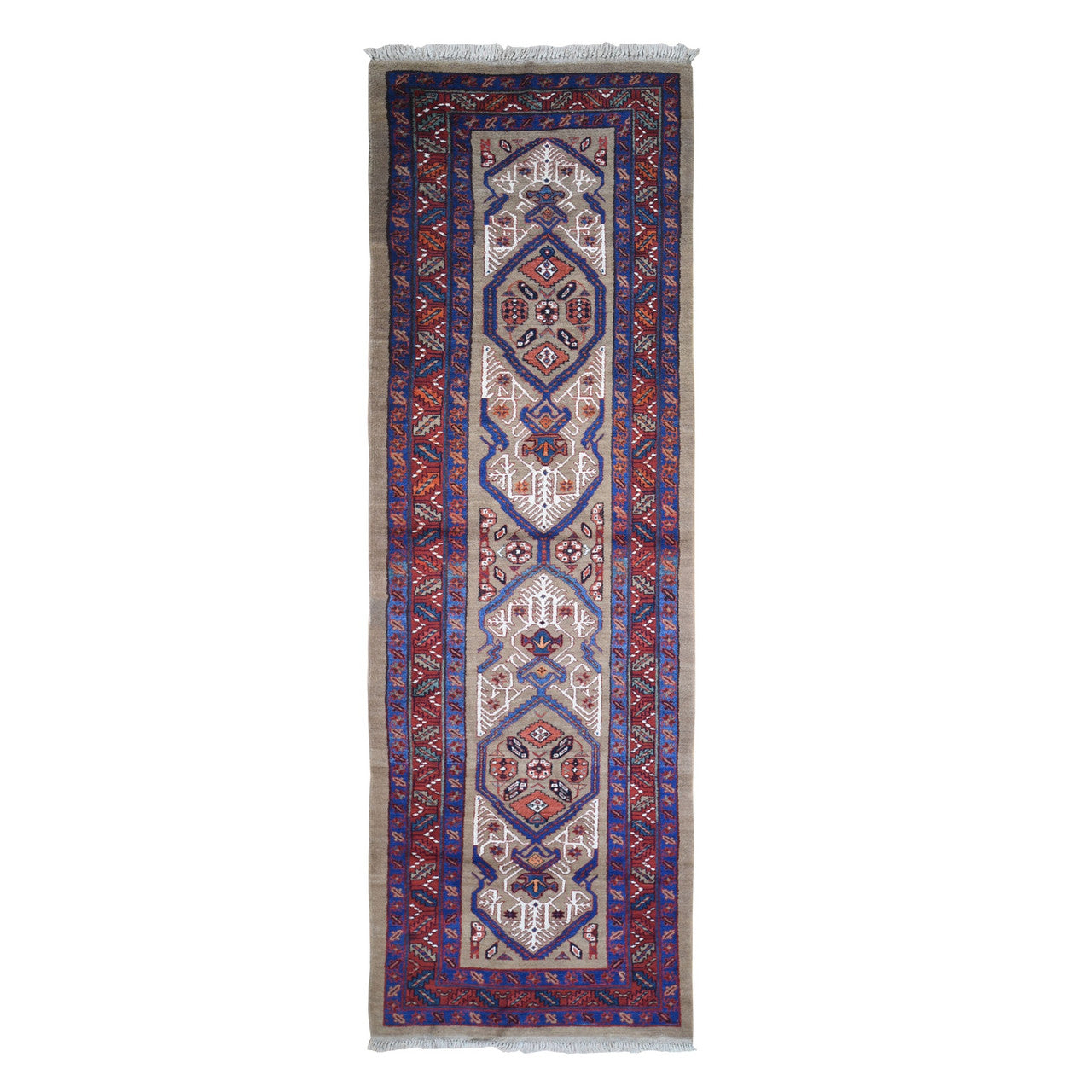 Antique Wool Hand Knotted Rug Brown Red 4.1X12.8 -O066597