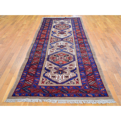 Antique Wool Hand Knotted Rug Brown Red 4.1X12.8 -O066597