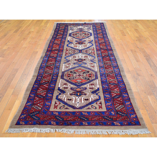 Antique Wool Hand Knotted Rug Brown Red 4.1X12.8 -O066597