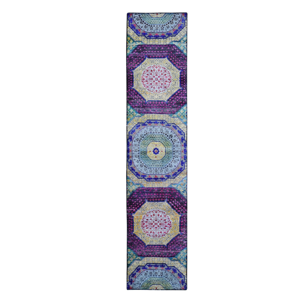 Yellow 2'7" x 12'0" Modern and Contemporary Not Border Hand knotted Wool/Silk Rug - Sku: O066696