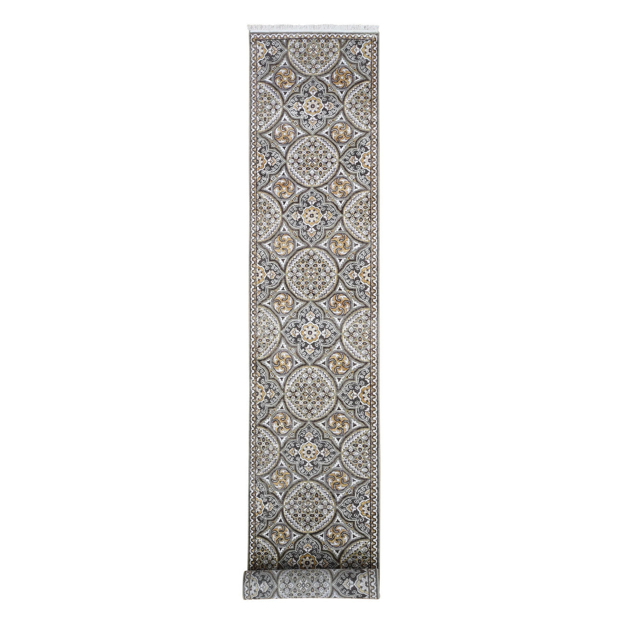 Brown 2'6" x 16'3" Transitional Hand knotted Wool/Silk Rug - Sku: O066723
