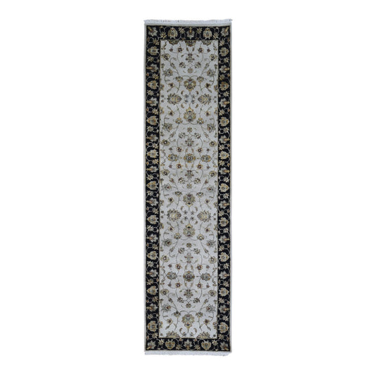 Rajasthan Wool & Silk Hand Knotted Rug Ivory Black 2.7X9.10 -O066768