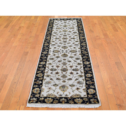 Rajasthan Wool & Silk Hand Knotted Rug Ivory Black 2.7X9.10 -O066769