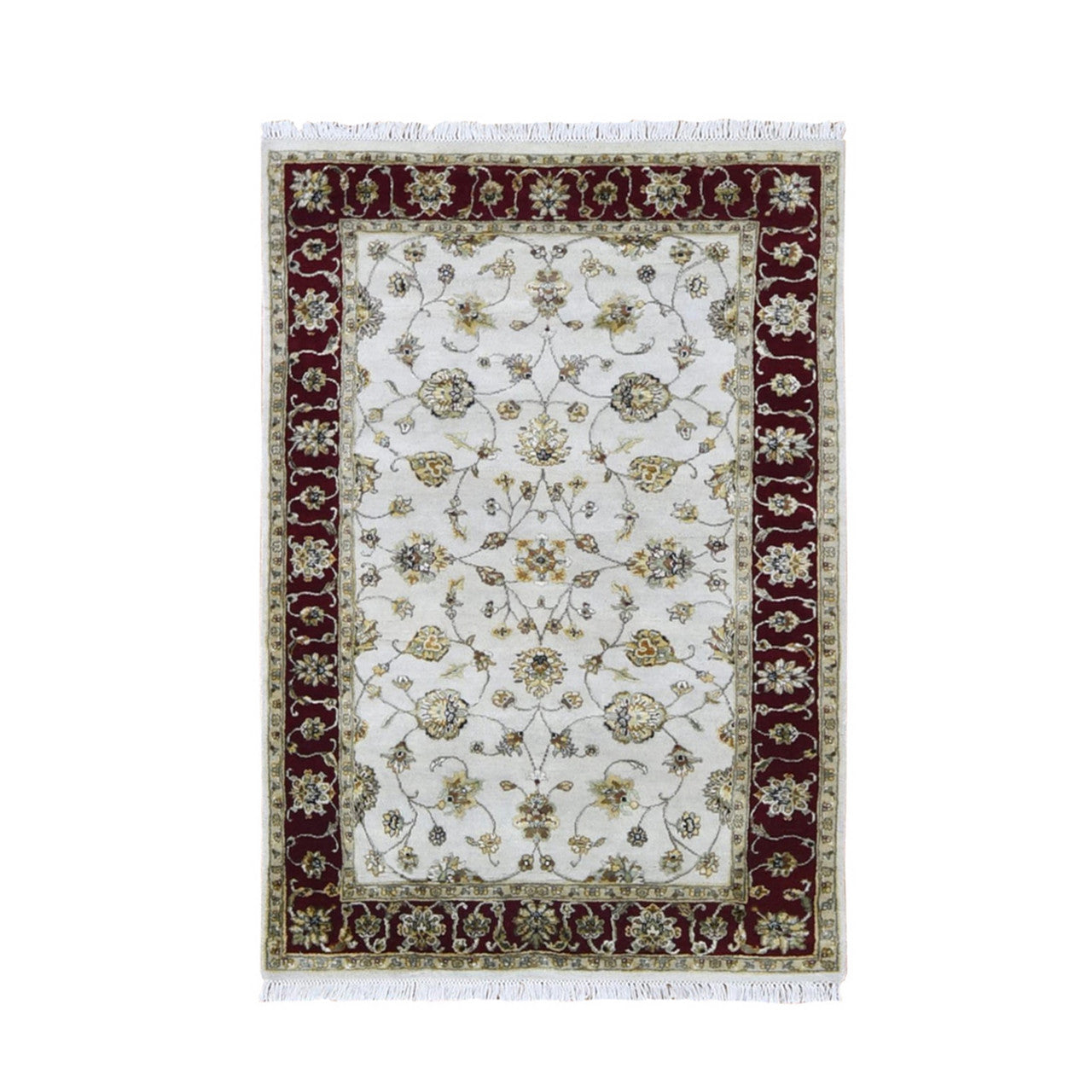 Rajasthan Wool & Silk Hand Knotted Rug Ivory Red 4.0X6.0 -O066779