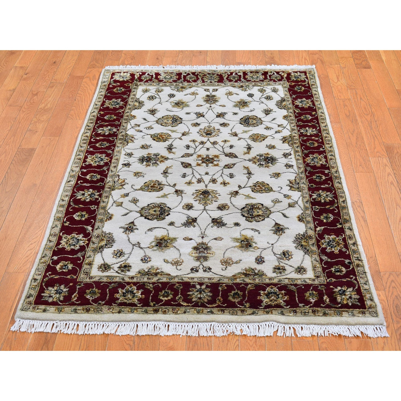 Rajasthan Wool & Silk Hand Knotted Rug Ivory Red 4.0X6.0 -O066779