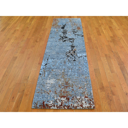 Modern and Contemporary Wool Hand Knotted Rug Blue No Border 2.6X10.3 -O066792