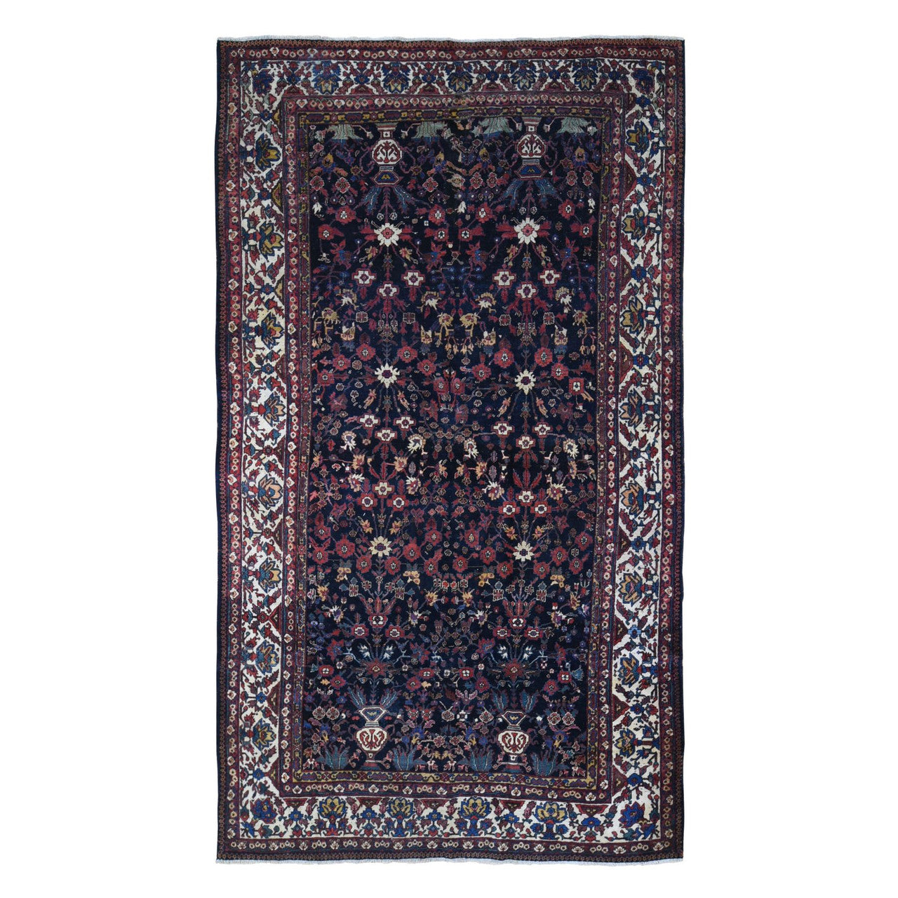 Antique Wool Hand Knotted Rug Blue Ivory 7.2X13.1 -O066809
