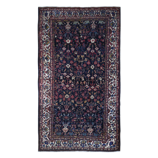 Antique Wool Hand Knotted Rug Blue Ivory 7.2X13.1 -O066809