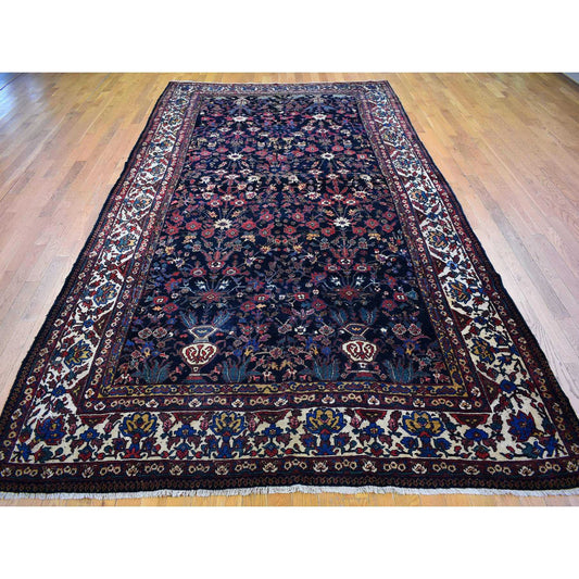 Antique Wool Hand Knotted Rug Blue Ivory 7.2X13.1 -O066809