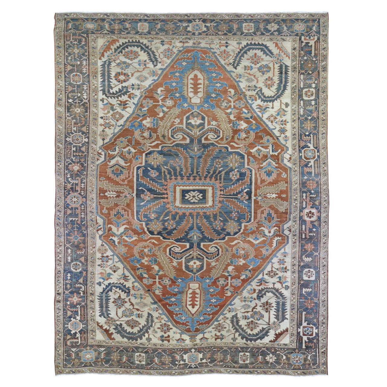 Antique Wool Hand Knotted Rug Orange Charcoal Black 9.5X12.7 -O066839