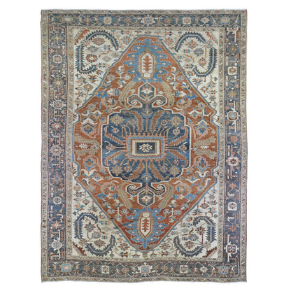 Antique Wool Hand Knotted Rug Orange Charcoal Black 9.5X12.7 -O066839