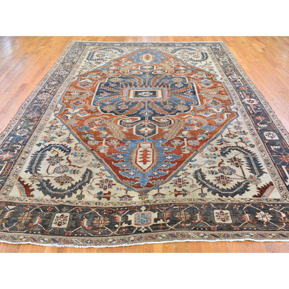Antique Wool Hand Knotted Rug Orange Charcoal Black 9.5X12.7 -O066839