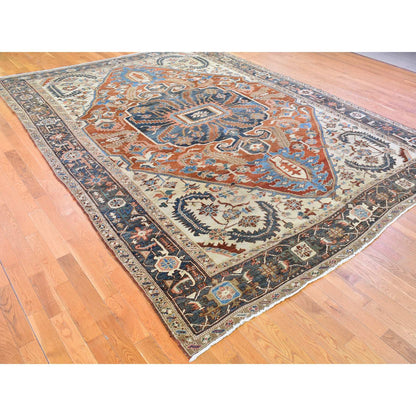Antique Wool Hand Knotted Rug Orange Charcoal Black 9.5X12.7 -O066839