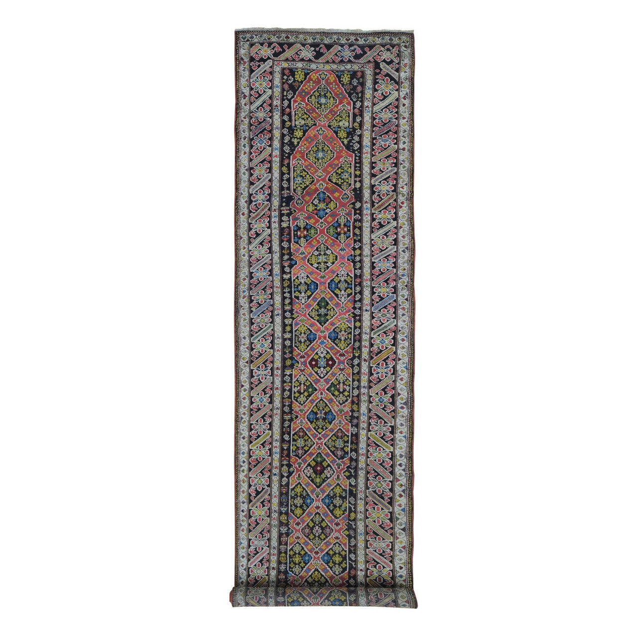 Antique Wool Hand Knotted Rug Pink Charcoal Black 3.1X14.3 -O066842