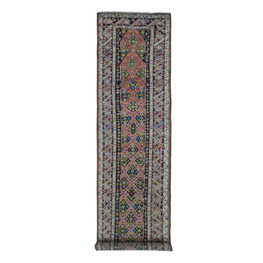Antique Wool Hand Knotted Rug Pink Charcoal Black 3.1X14.3 -O066842