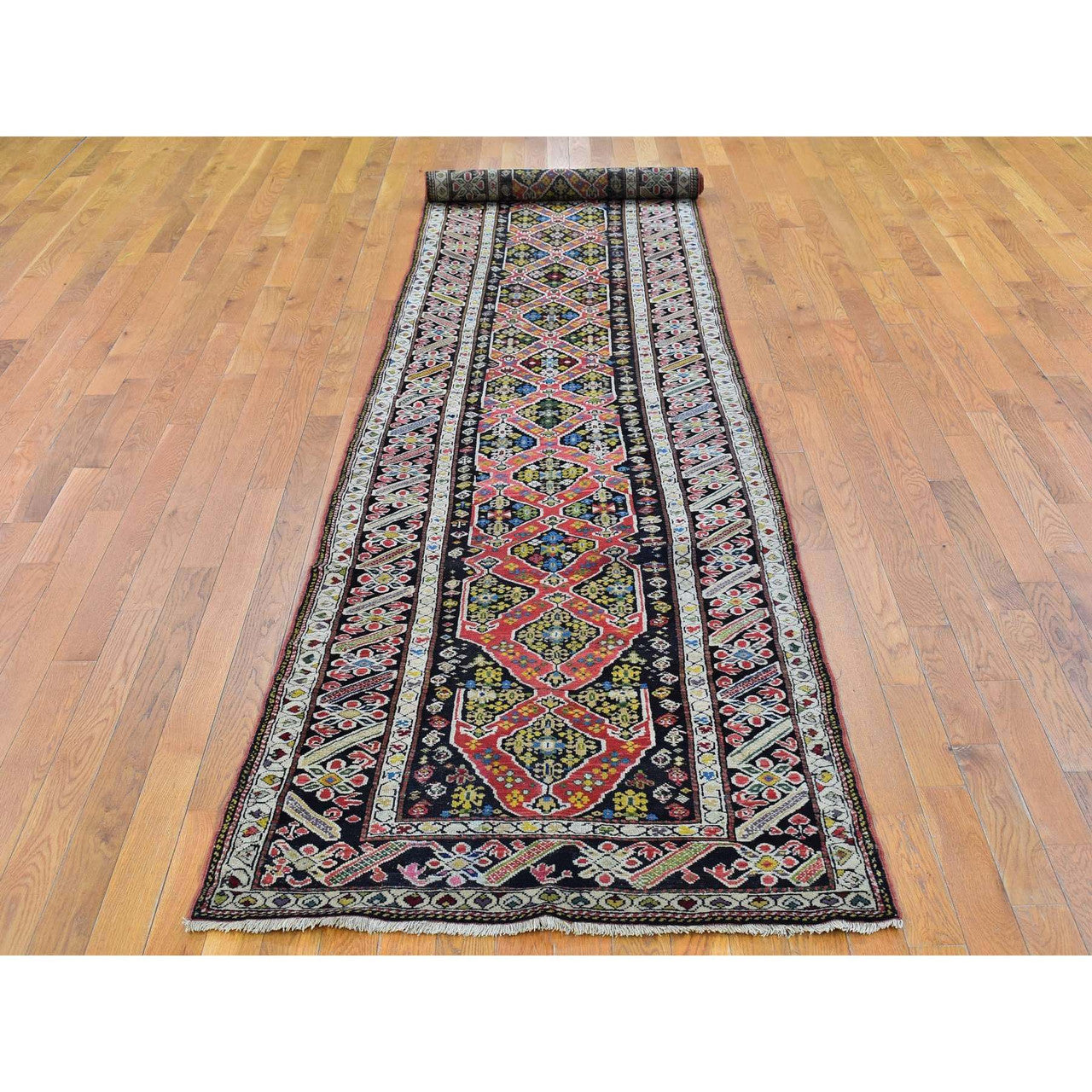 Antique Wool Hand Knotted Rug Pink Charcoal Black 3.1X14.3 -O066842