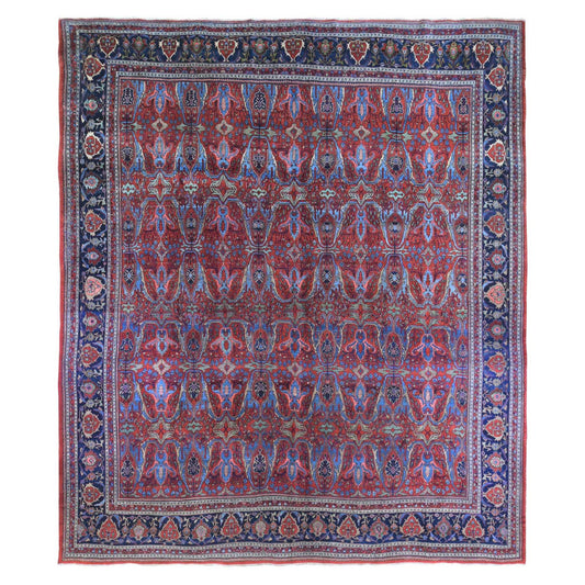 Antique Wool Hand Knotted Rug Red Navy Blue 12.5X13.9 -O066865