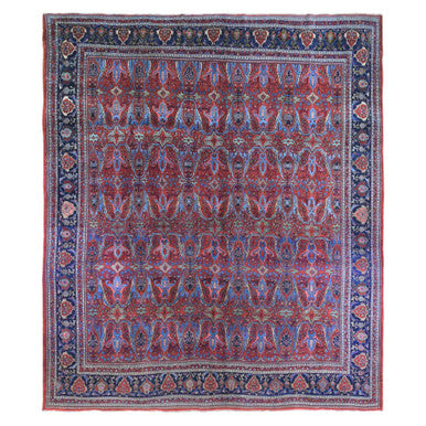 Antique Wool Hand Knotted Rug Red Navy Blue 12.5X13.9 -O066865