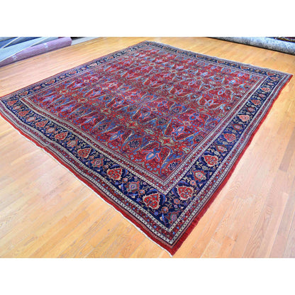 Antique Wool Hand Knotted Rug Red Navy Blue 12.5X13.9 -O066865
