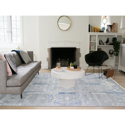 Transitional Wool & Pure Silk Hand Knotted Rug Blue No Border 9.0X12.2 -O066954