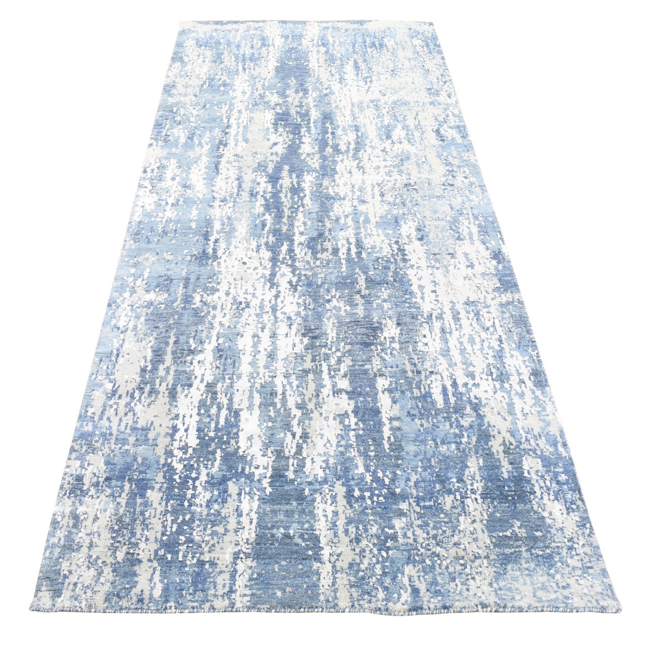 Blue 4'1" x 10'2" Modern and Contemporary Hand knotted Wool/Silk Rug - Sku: O066963