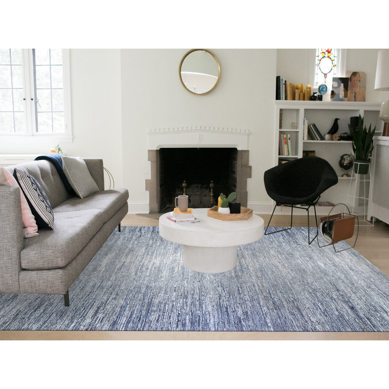 Modern and Contemporary Wool & Silk Hand Knotted Rug Blue No Border 10.0X14.0 -O066970