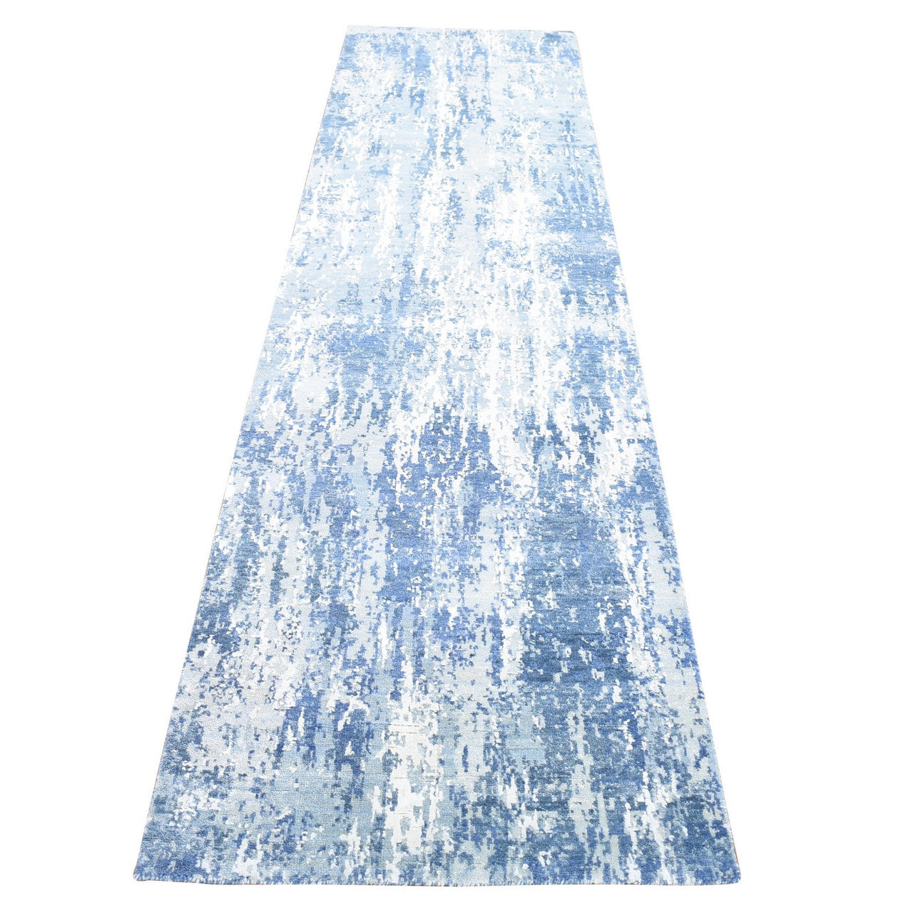 Blue 2'6" x 10'1" Modern and Contemporary Hand knotted Wool/Silk Rug - Sku: O066980