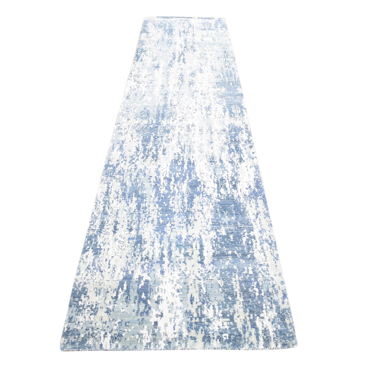 Blue 2'7" x 12'1" Modern and Contemporary Hand knotted Wool/Silk Rug - Sku: O066982