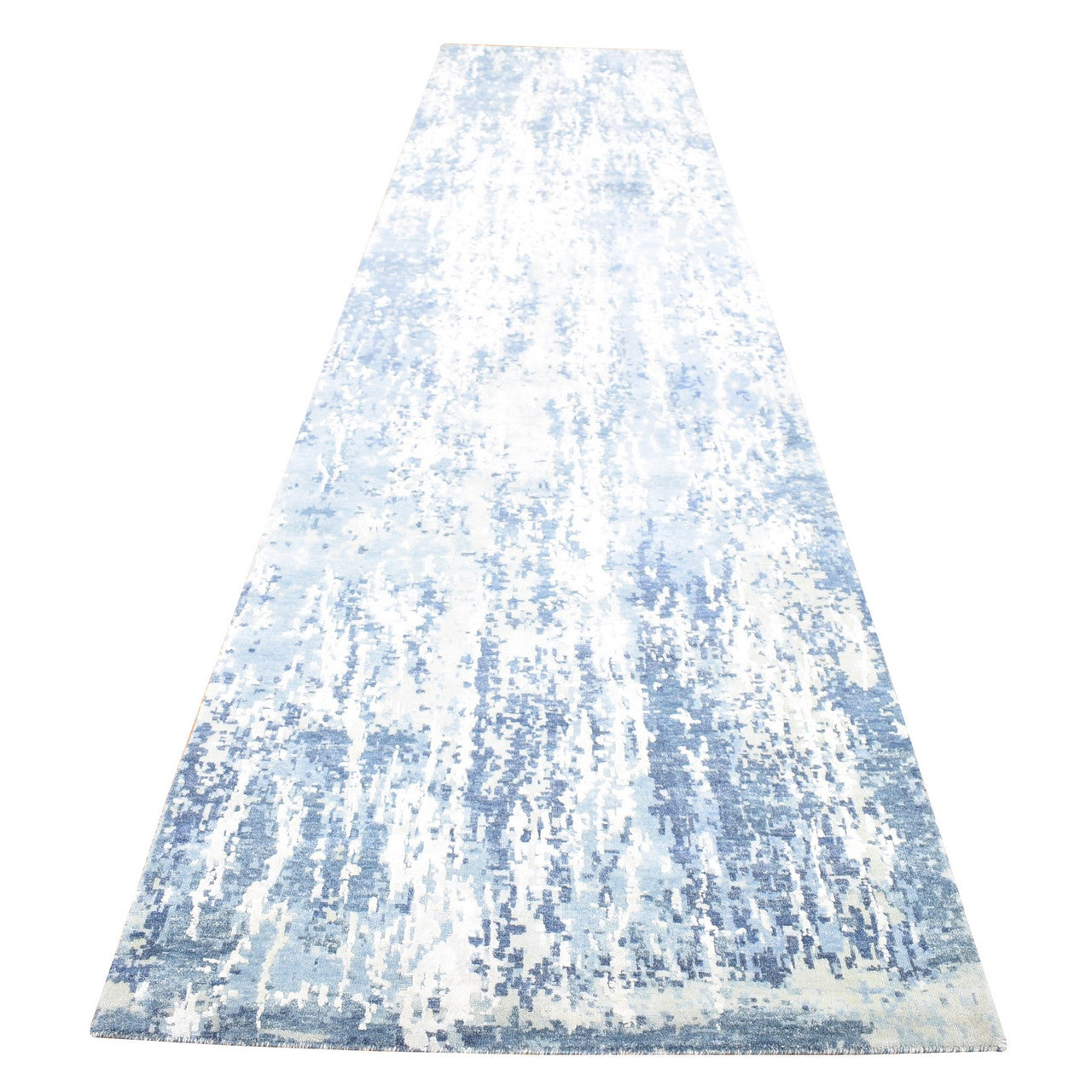 Blue 3'8" x 17'2" Modern and Contemporary Hand knotted Wool/Silk Rug - Sku: O066984