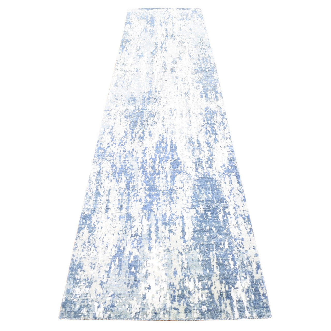 Blue 2'7" x 12'2" Modern and Contemporary Hand knotted Wool/Silk Rug - Sku: O066985