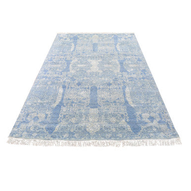 Modern and Contemporary Wool & Silk Hand Knotted Rug Blue No Border 6.0X9.3 -O066986