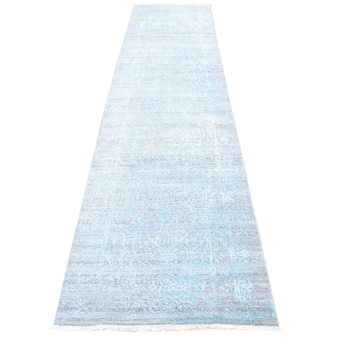 Blue 2'7" x 14'0" Transitional Hand knotted Wool/Silk Rug - Sku: O066988