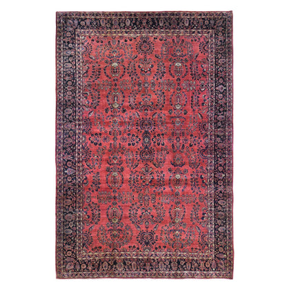 Antique Wool Hand Knotted Rug Red Navy Blue 12.4X19.3 -O066991