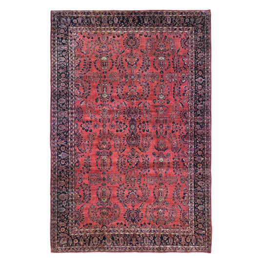 Antique Wool Hand Knotted Rug Red Navy Blue 12.4X19.3 -O066991