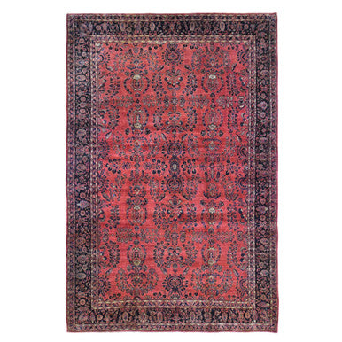 Antique Wool Hand Knotted Rug Red Navy Blue 12.4X19.3 -O066991