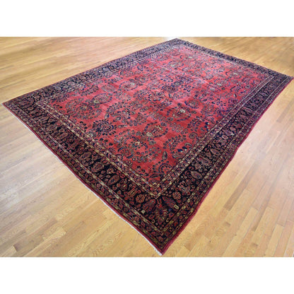 Antique Wool Hand Knotted Rug Red Navy Blue 12.4X19.3 -O066991