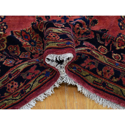 Antique Wool Hand Knotted Rug Red Navy Blue 12.4X19.3 -O066991