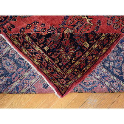 Antique Wool Hand Knotted Rug Red Navy Blue 12.4X19.3 -O066991