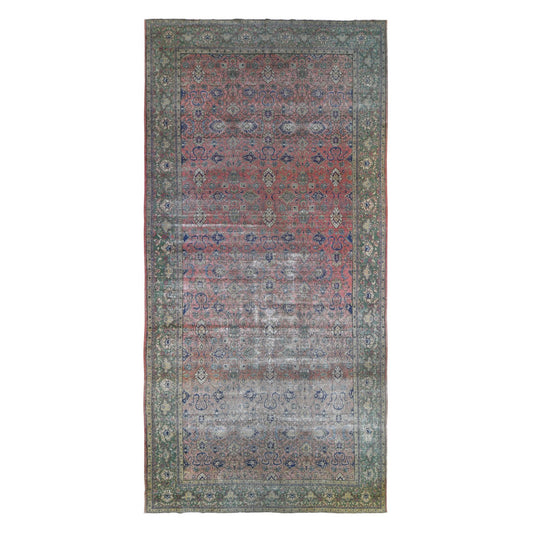 Antique Wool Hand Knotted Rug Pink Green 9.2X19.2 -O066995