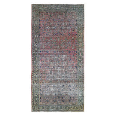 Antique Wool Hand Knotted Rug Pink Green 9.2X19.2 -O066995