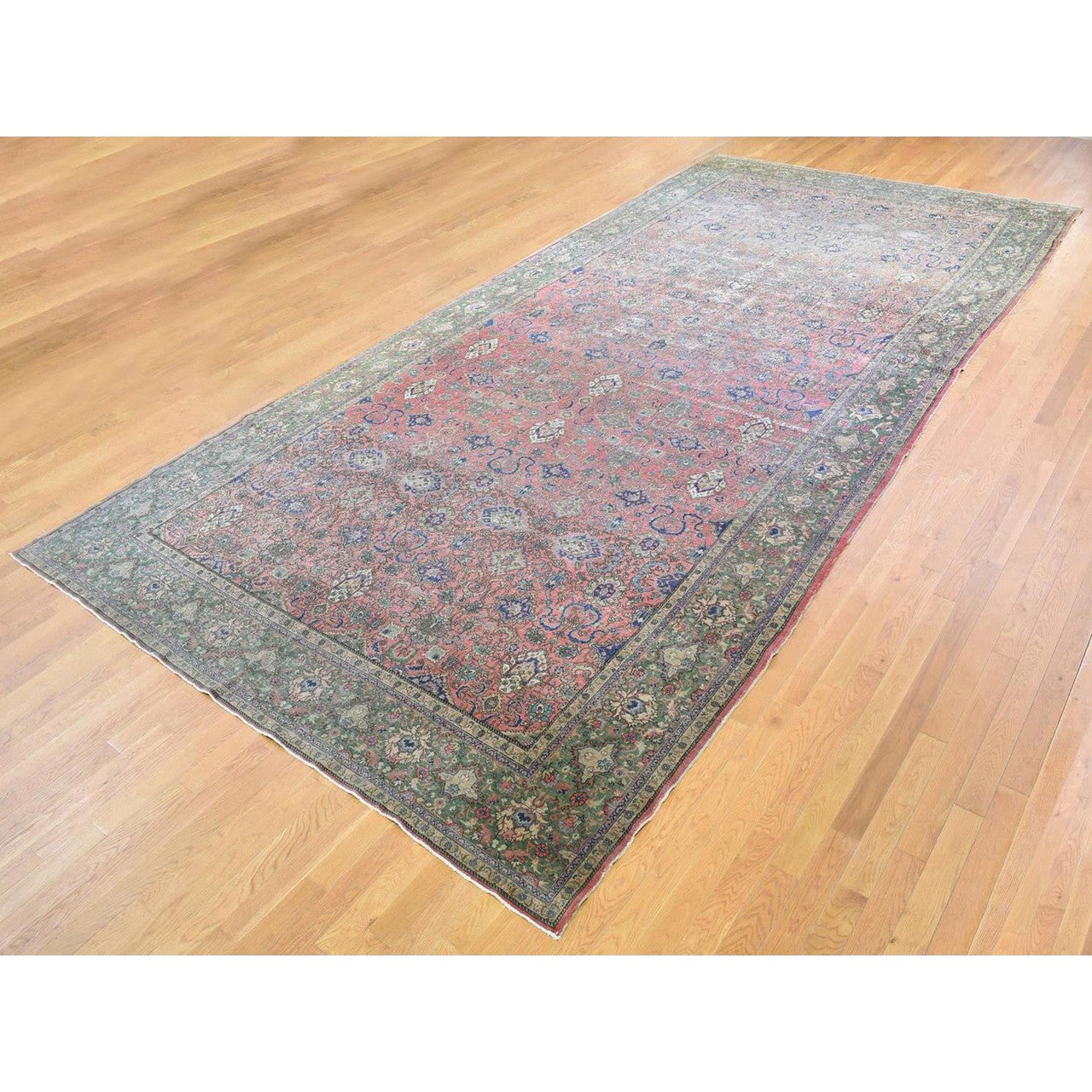 Antique Wool Hand Knotted Rug Pink Green 9.2X19.2 -O066995
