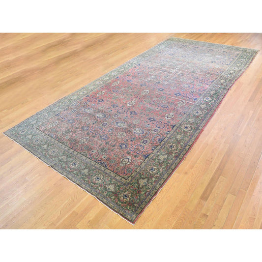 Antique Wool Hand Knotted Rug Pink Green 9.2X19.2 -O066995