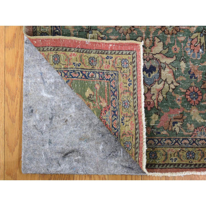 Antique Wool Hand Knotted Rug Pink Green 9.2X19.2 -O066995