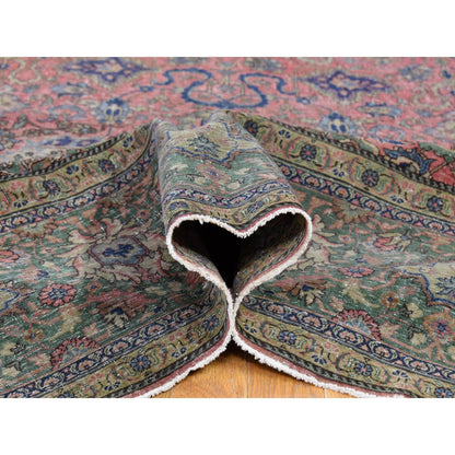 Antique Wool Hand Knotted Rug Pink Green 9.2X19.2 -O066995