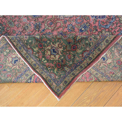 Antique Wool Hand Knotted Rug Pink Green 9.2X19.2 -O066995