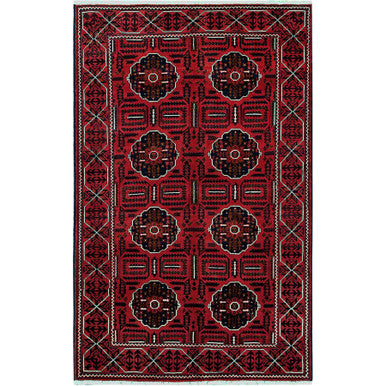 Tribal & Geometric Wool Hand Knotted Rug Red 3.11x6.4 -O0669