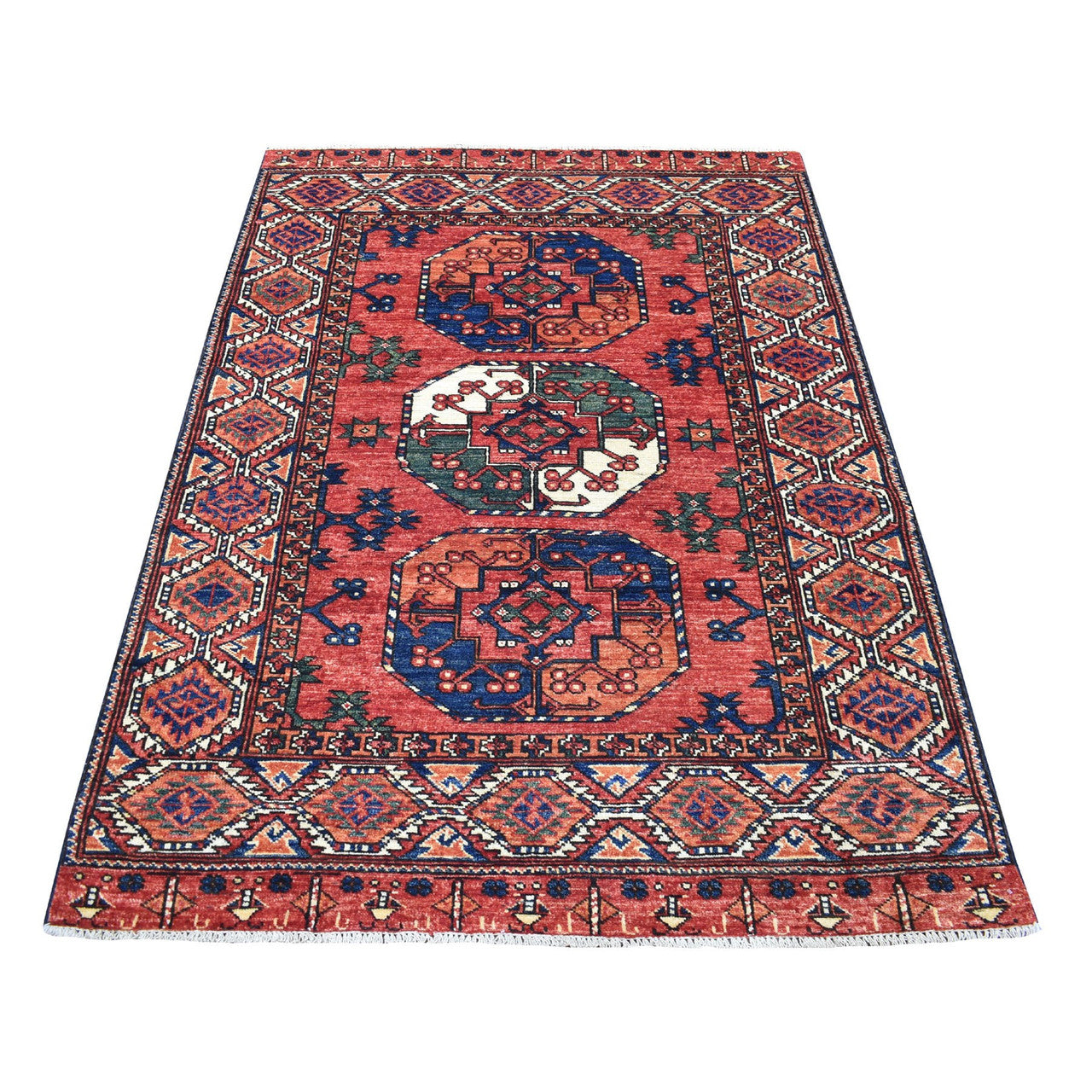 Tribal & Geometric Wool Hand Knotted Rug Red Orange 4.0X5.8 -O067138
