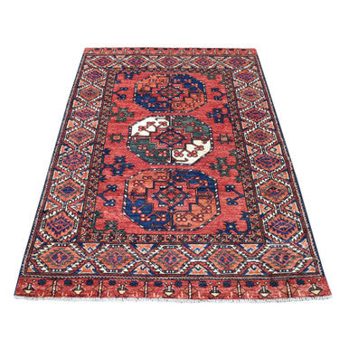 Tribal & Geometric Wool Hand Knotted Rug Red Orange 4.0X5.8 -O067138